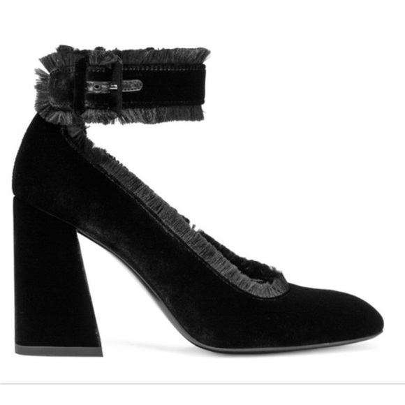 Worn once. Stuart Weitzman fringe Clarissa black velvet ankle strap heel - Picture 2 of 7